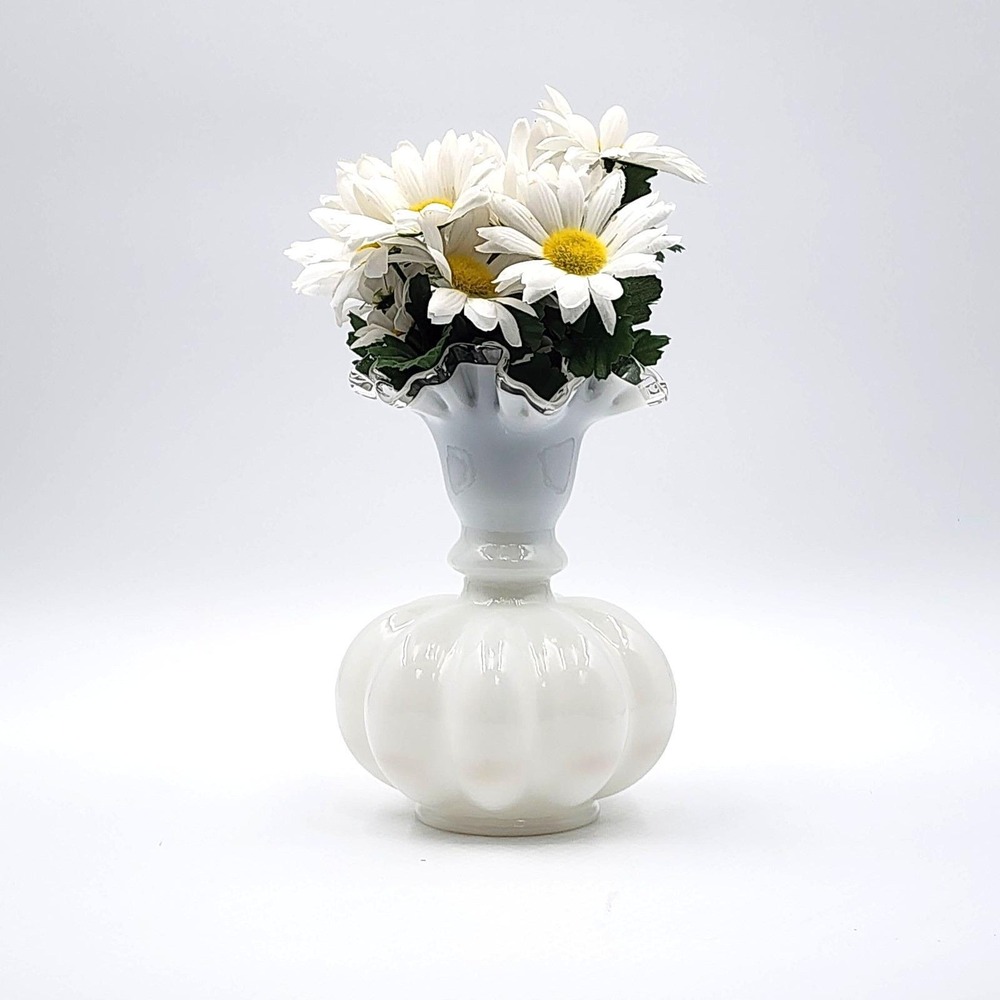 Vintage Fenton Silver Crest Milk Glass Melon Base Vase with Clear Ruffled Rim